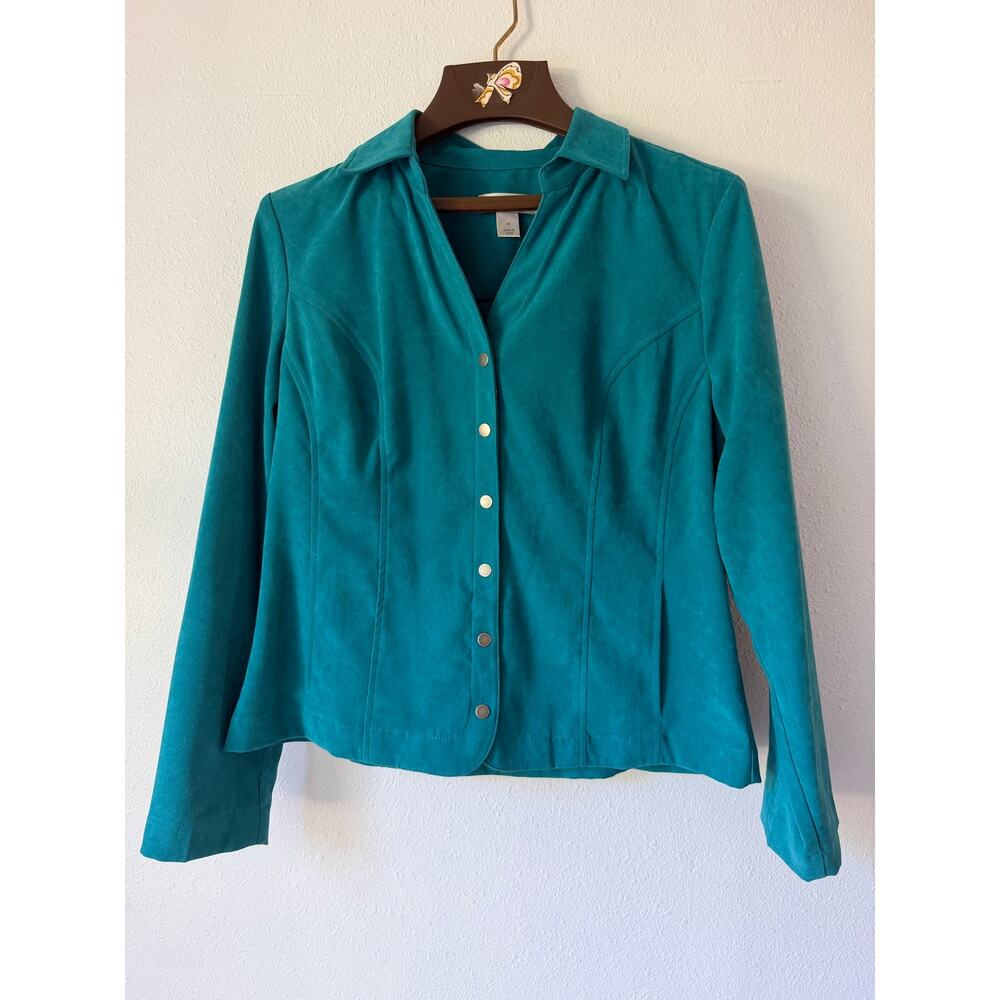 Vintage 90’s Christopher & Banks Teal Turquoise Suede Snap Front Size Med Jacket